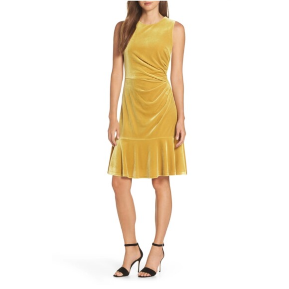 Eliza J Drape Velvet Sheath Dress Womens 6 Mustard Yellow Forrest Fairy Regency - Picture 1 of 13